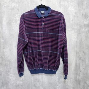 Vintage 80s Knightsbridge Mens L‎ Velour Burgundy Striped L/s Tapered Polo Top